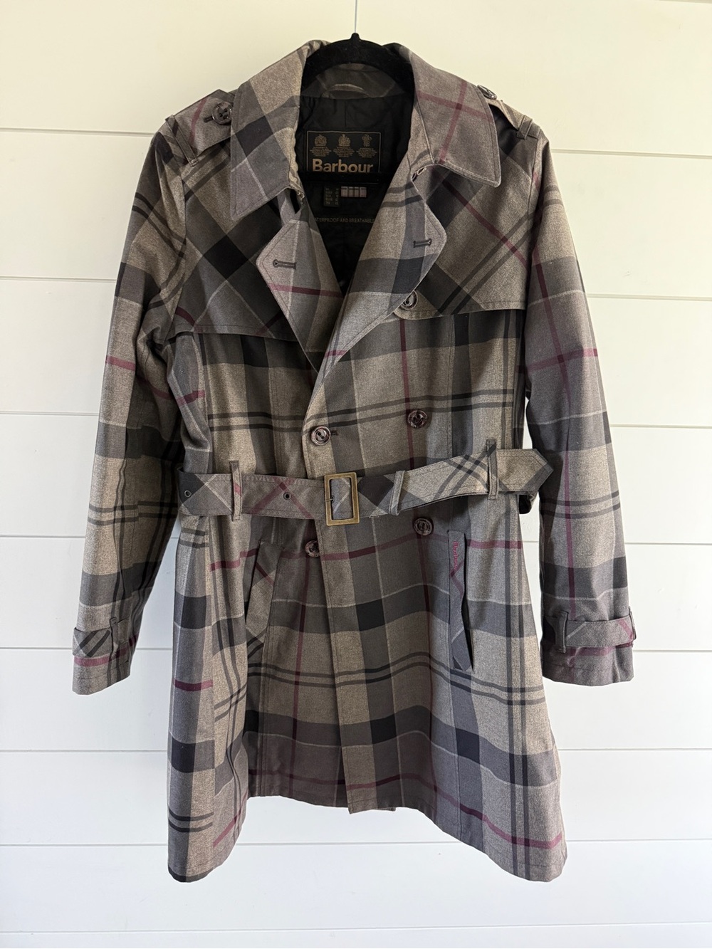 Barbour Winter Tartan Trench Coat with Black & Burgundy Accents